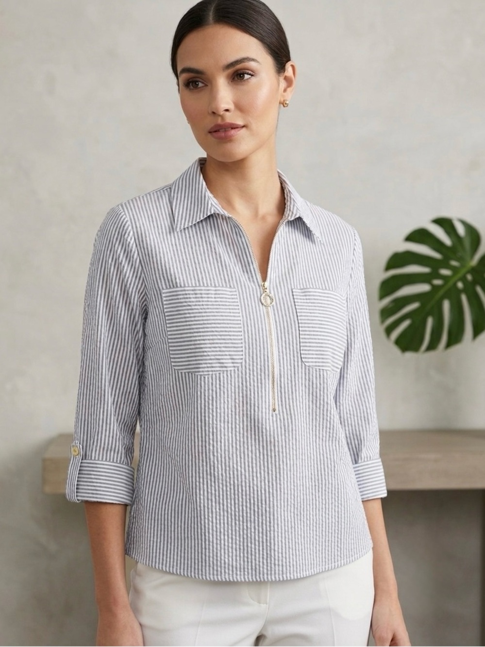 Anne Klein - Blue, White, Metallic Gold Striped Collared Top